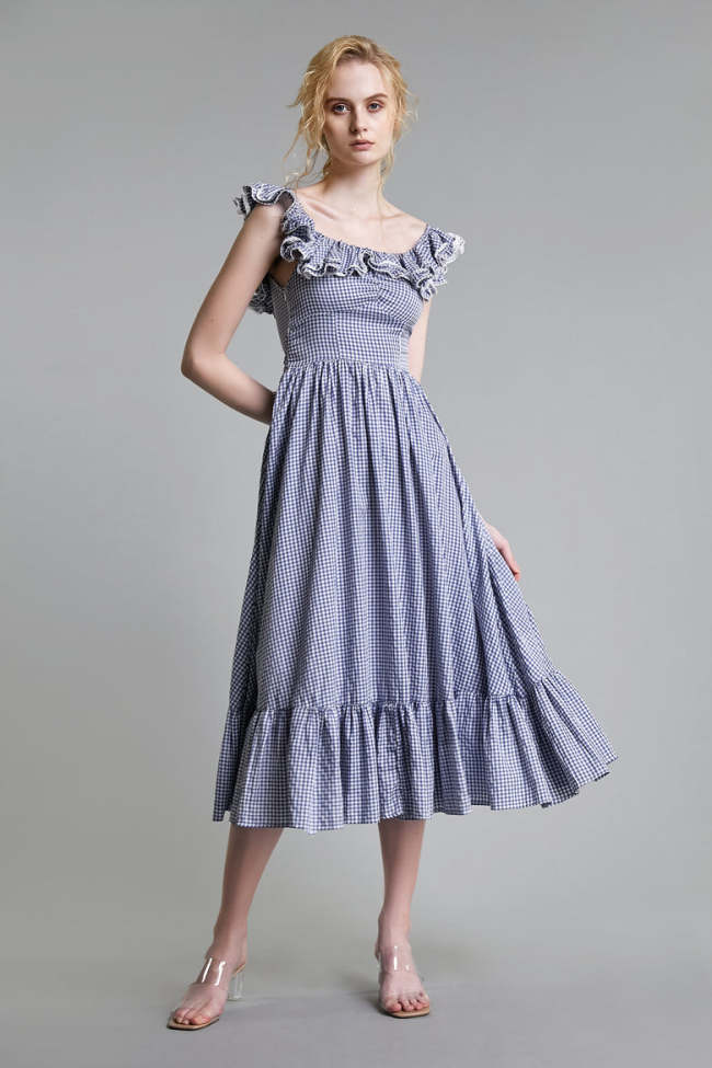 Cornflower Blue Gingham Ruffled Tie Detail Midi Dress