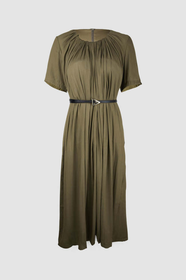 Dark Khaki Belted Pleated Round Neck Maxi Dress