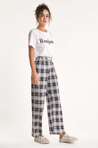 Black Checked Pleated Drawstring Wide Leg Pants