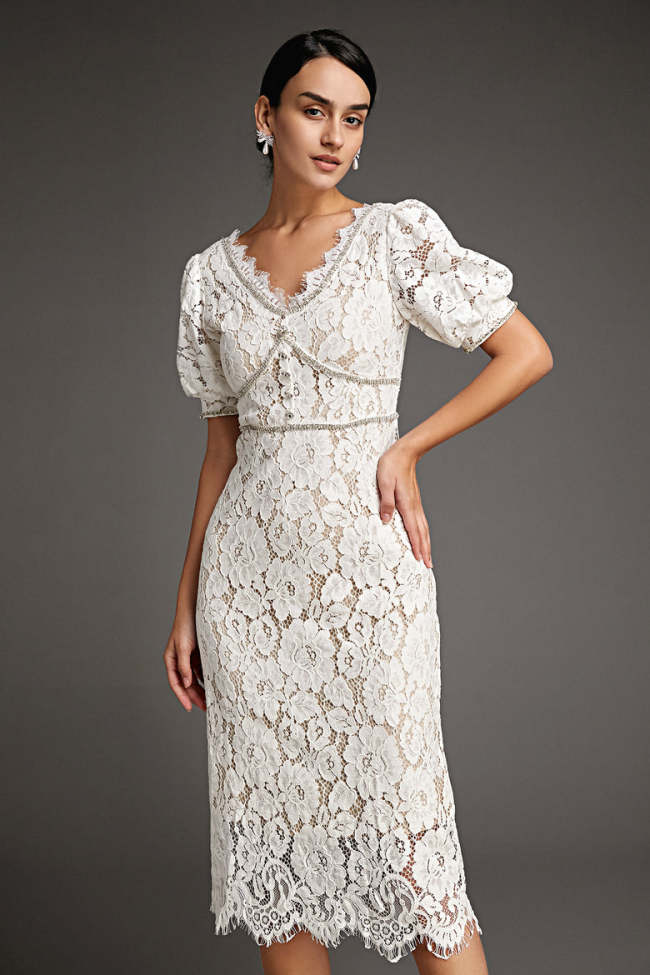 White Lace Overlay V-Neck Rhinestone Detail Midi Dress