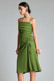 Dark Olive Green Ruched Drawstring Pleat Detail Midi Dress