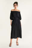 Black Off-the-Shoulder Belted Crinkled Puff Sleeve Maxi Dress