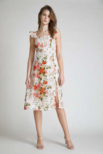 Beige Floral Print Slit Hem Midi Dress