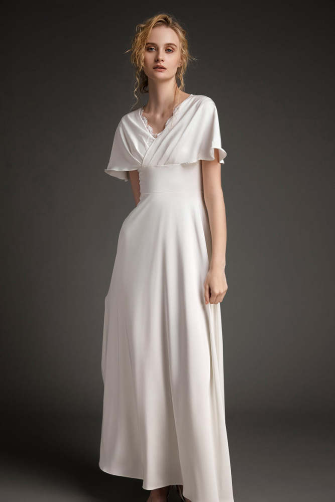 White Flutter Sleeve Lace-Up Satin Maxi Dress