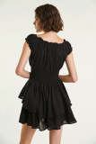Black Off-the-Shoulder Swiss Dot Smocked Tiered Mini Dress