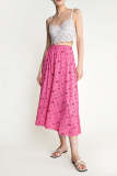 Hot Pink Floral Print Elastic Waist Crinkled Midi Skirt