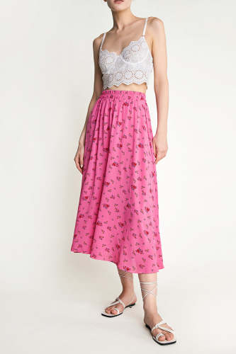 Hot Pink Floral Print Elastic Waist Crinkled Midi Skirt