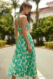 Green Pleated Floral Print Halter Bandeau Top & Asymmetric Midi Skirt Two-Piece Set