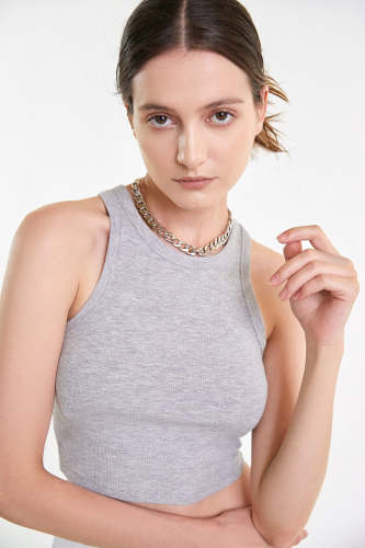 Silver Rib Racer Neck Cropped Tank Top