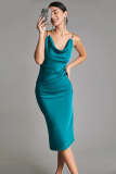 Teal Satin Cowl Neck Button Detail Slip Midi Dress