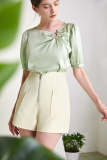 Dark Sea Green Satin Asymmetric Cut Out Blouse