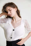 White Button-Up Sheer Puff Sleeve Knitted Blouse