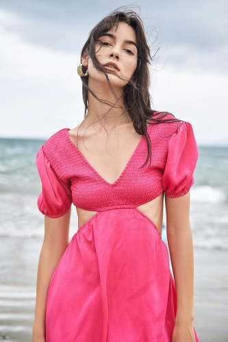 Deep Pink Cut Out Waist Smocked Puff Sleeve Maxi Dress