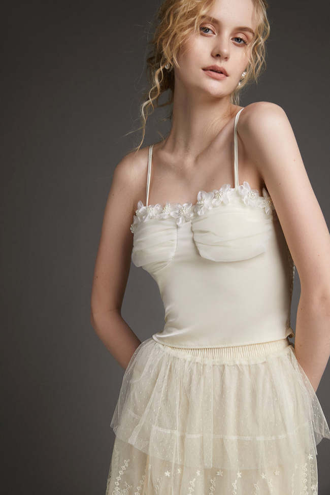 Beige Floral Applique Detail Cropped Cami Top