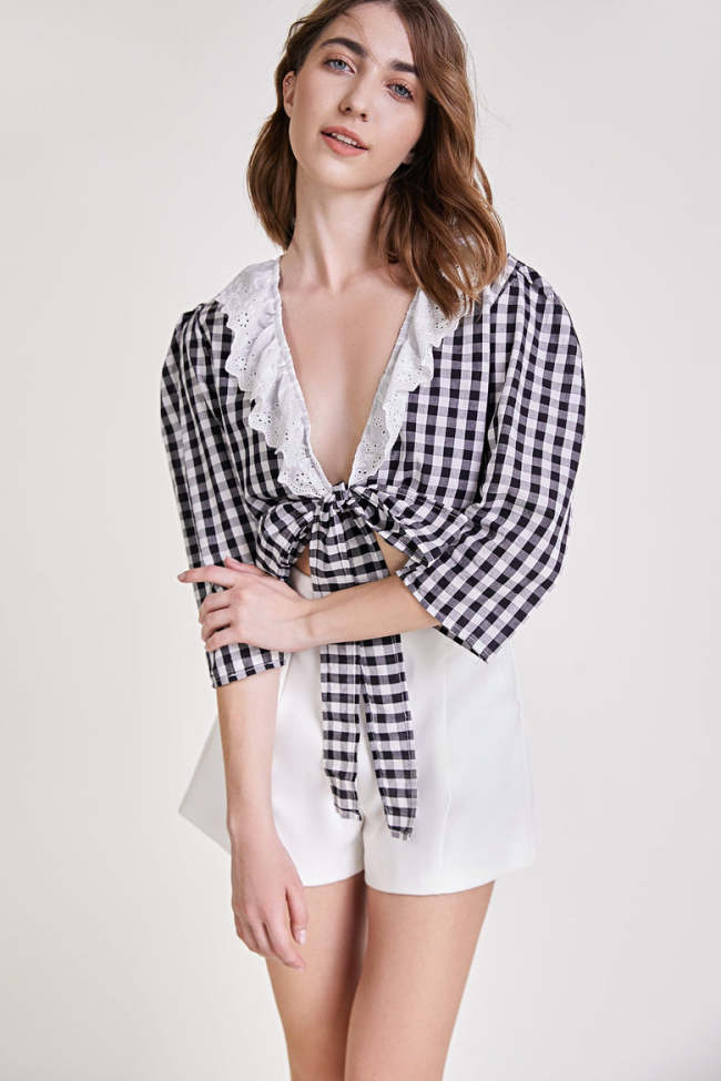 Black Plaid Lace Collar Tie Front Blouse