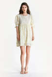 Beige Floral Embroidery Round Neck Tie Cuff Oversized Mini Dress