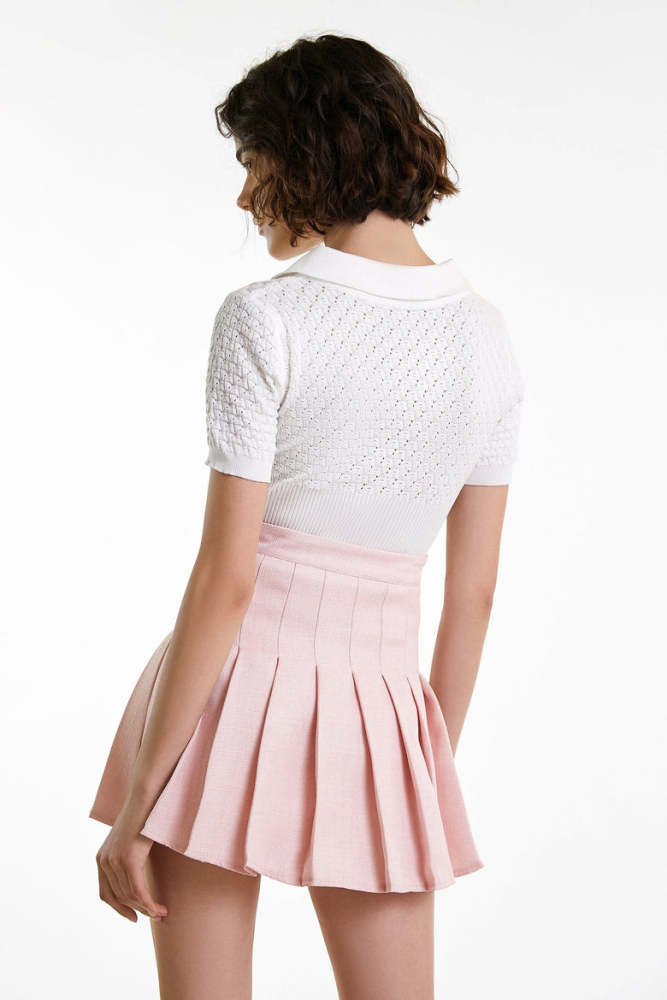 White Collared Textured Ribbed Short Sleeve Knit Top