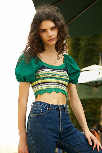 Sea Green Striped Puff Sleeve Knitted Crop Top