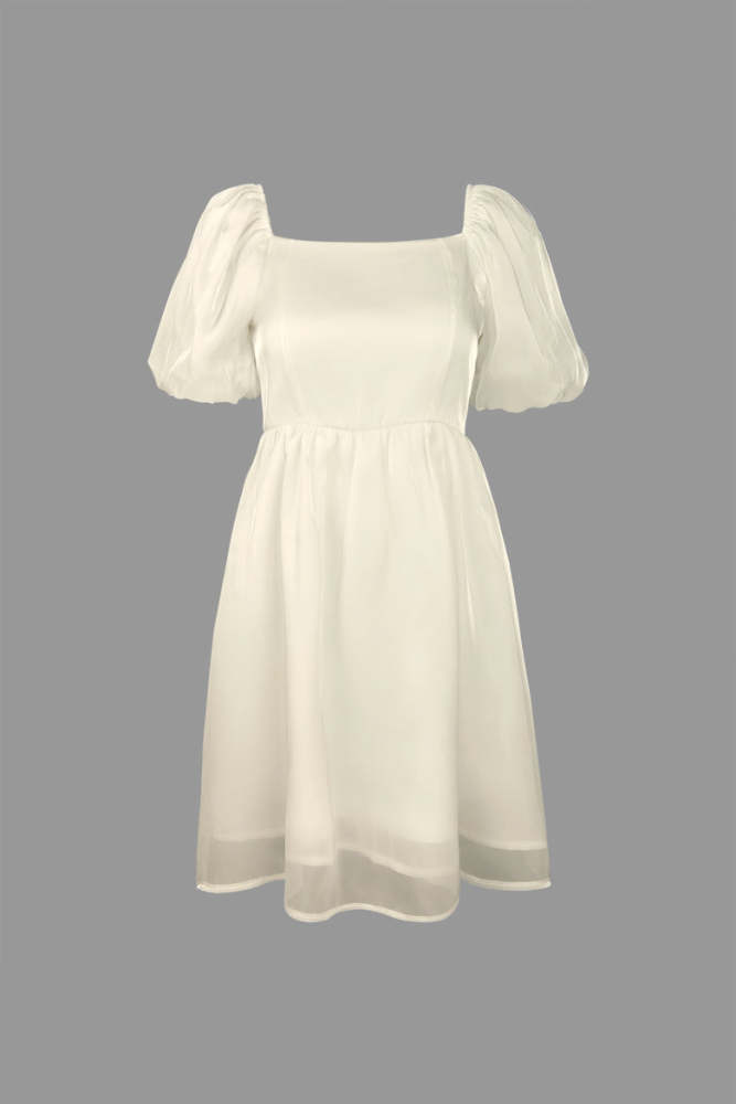 White Puff Sleeve Square Neck Chiffon Mini Dress