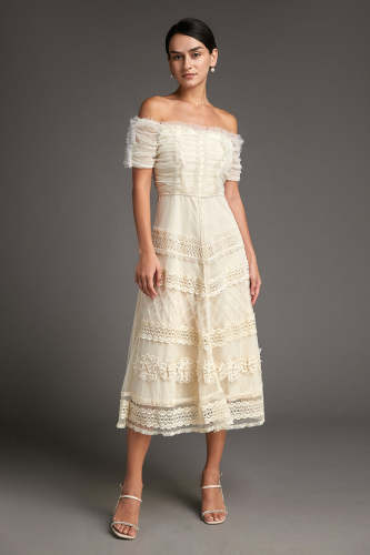 White Off-the-Shoulder Lace Panel Ruffled Maxi Dress