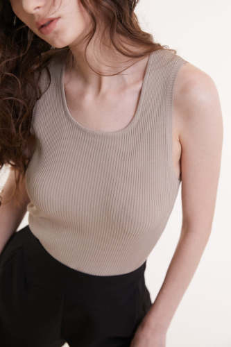 Tan Rib-Knit Scoop Neck Tank Top