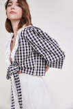 Black Plaid Lace Collar Tie Front Blouse