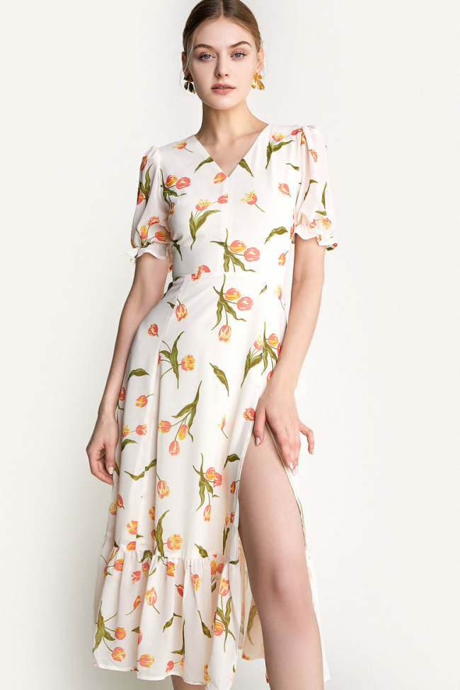 Ivory Floral Print Ruffled V-Neck Side Slit Midi Dress