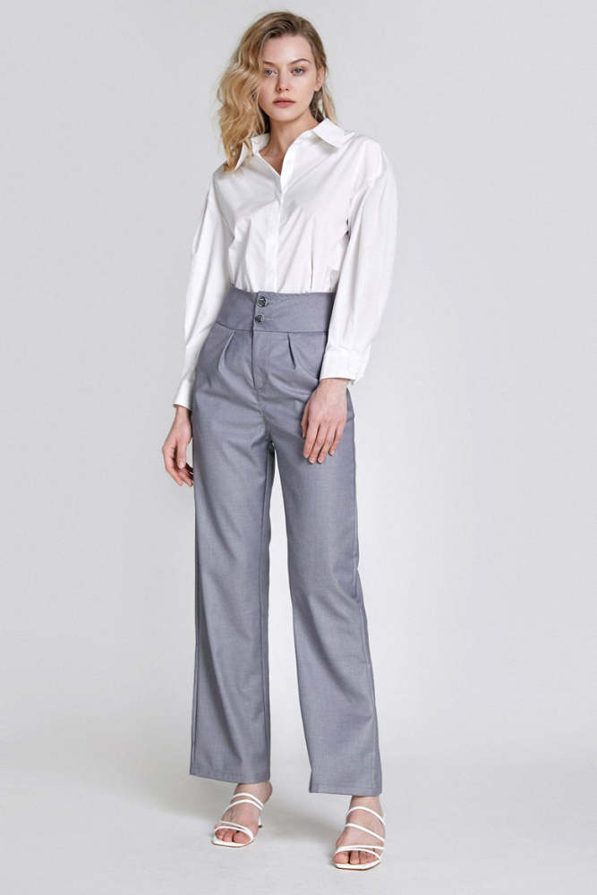 Grey High-Waisted Full Length Suit Pants