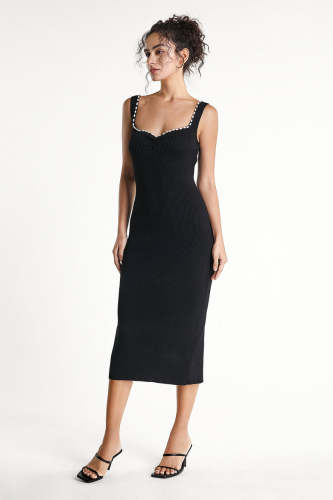 Black Faux-Pearl Trim Sweetheart Neck Knit Bodycon Midi Dress
