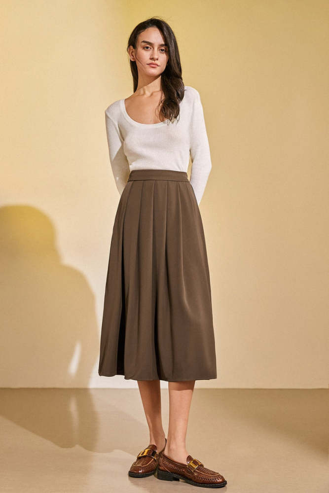 Sienna Half-Elastic Waist Pleated Midi Skirt