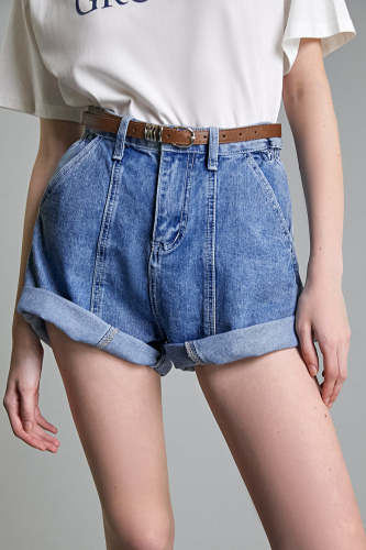 Light Blue Belted Seam Detail Denim Shorts