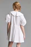 White Scallop-Edge Tie Side Puff Sleeve Collared Mini Dress