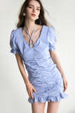 Light Steel Blue Ruched Ruffled Bodycon Mini Dress