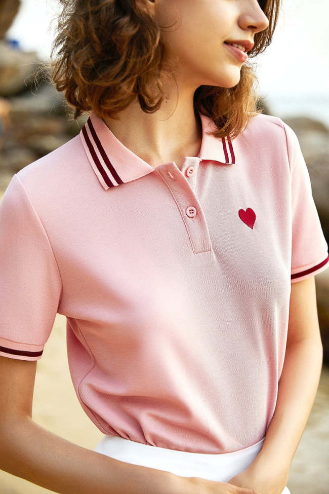 Pink Contrast Trim Heart Embroidery Polo T-shirt