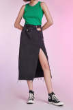 Black Denim Slit Hem Midi Skirt