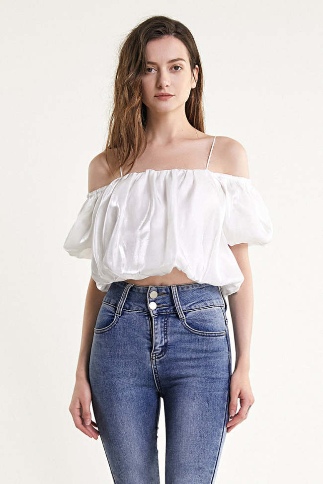 White Off-the-Shoulder Ruched PuffBall Crop Top