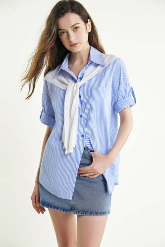 Flash Sale                Light Sky Blue Striped Roll-Tab Sleeve Shirt With Square Scarf Shawl