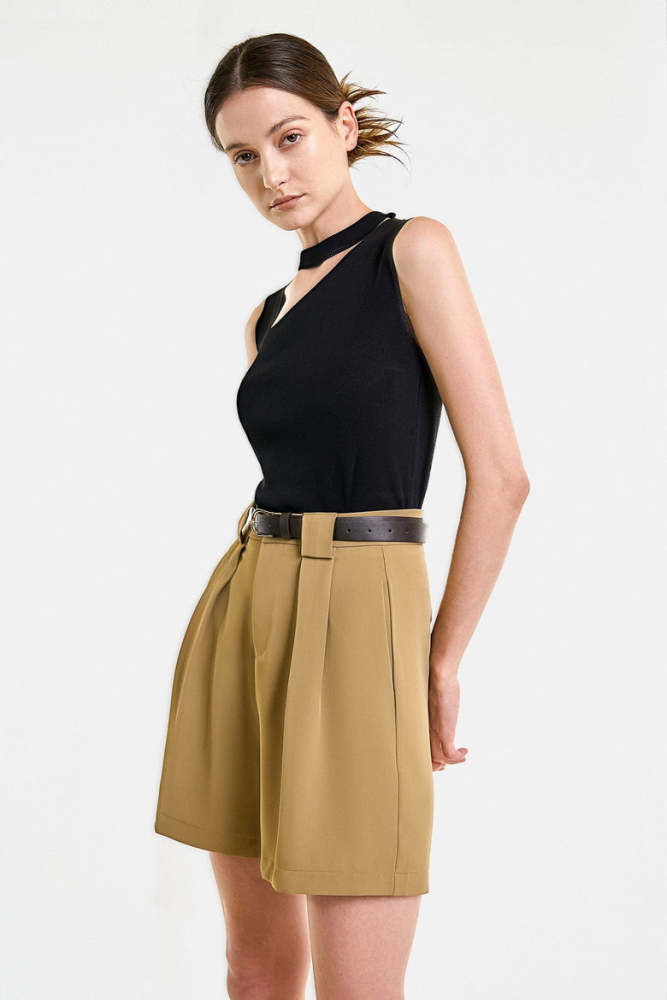 Dark Khaki Belted Pleat Detail Longline Shorts