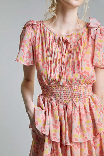 Pink Floral Print Pleat Detail Smocked Tiered Mini Dress