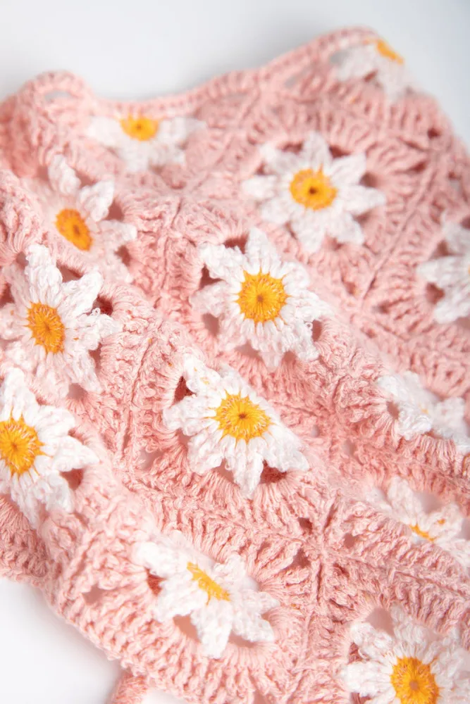 Pink Daisy Granny Square Crochet Head Scarf