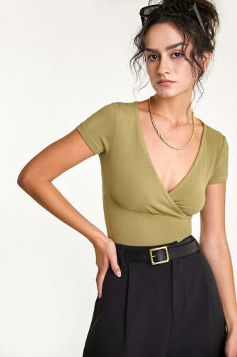 Light Green Ribbed Short Sleeve Surplice Crop Top