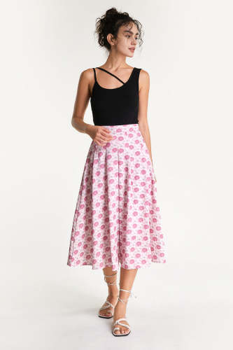 Pink Floral Print Flowy Midi Skirt