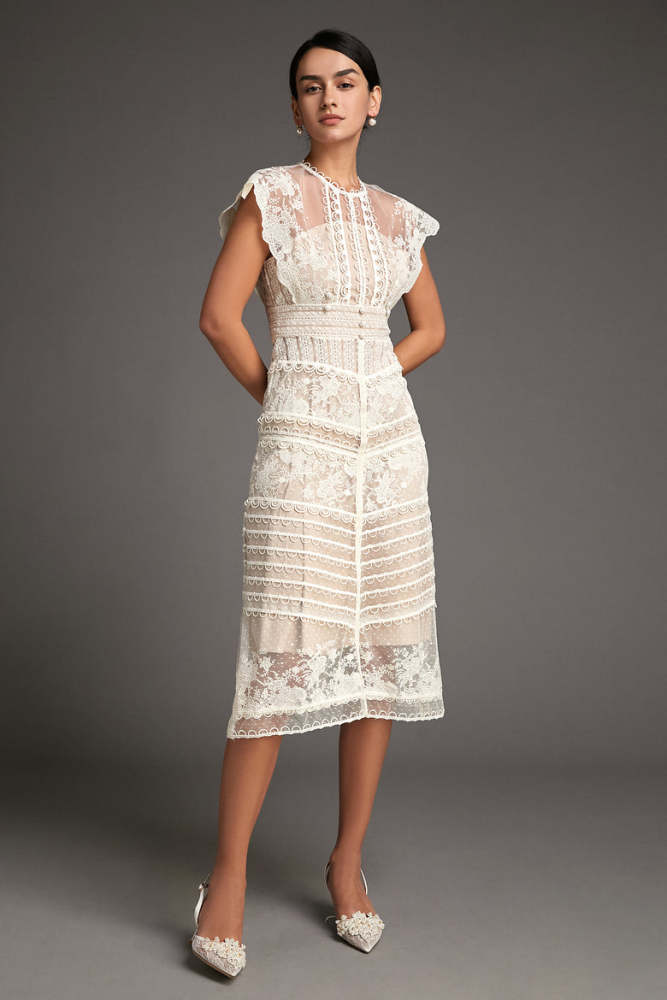 White Lace Scallop-Edge Cap Sleeve Midi Dress