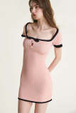 Pink Contrast Trim Bow Detail Rib-Knit Bodycon Mini Dress
