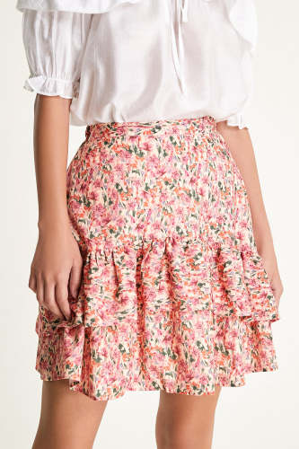 Pink Floral Print High Rise Ruffle Tiered Mini Skirt