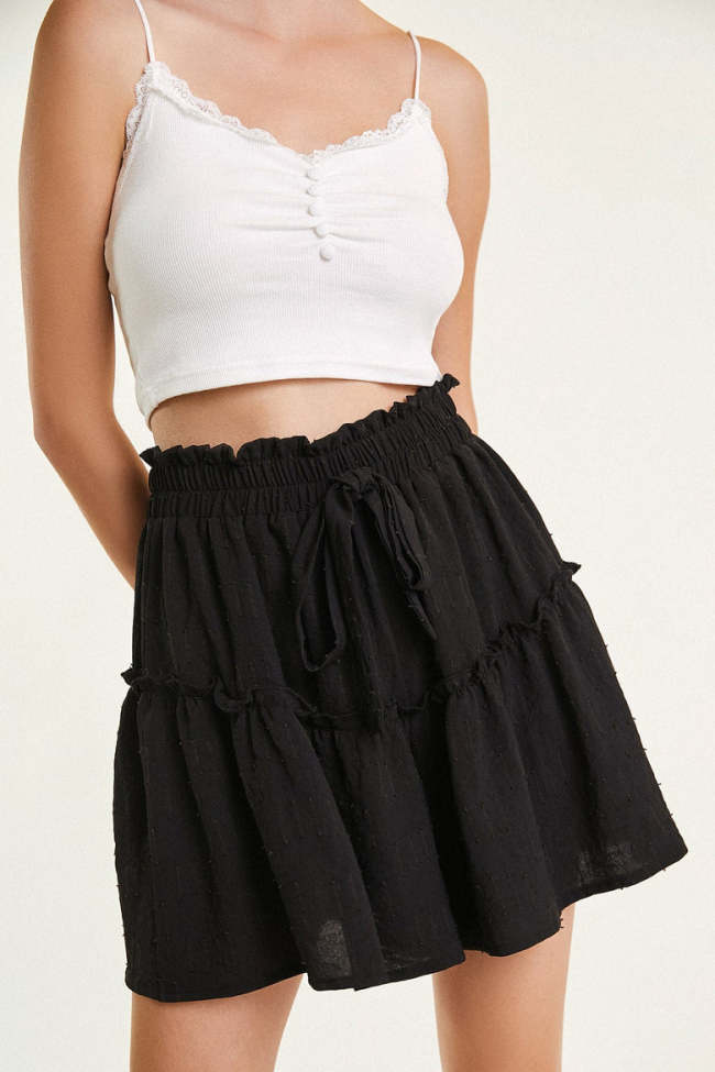 Black Elasticated Waist Ruffle Trim A-Line Shorts