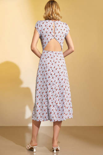 Light Steel Blue Cut-Out Slit Floral Midi Dress