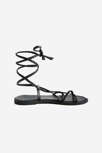 Black Braided Lace-Up Toe Thong Flat Sandals