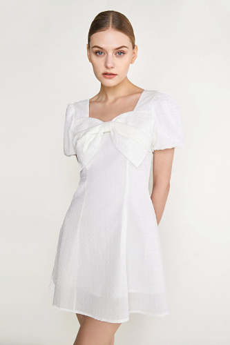 White Textured Bow Detail Puff Sleeve Mini Dress