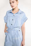 Light Blue Snap Button Placket Elastic Waist Denim Romper